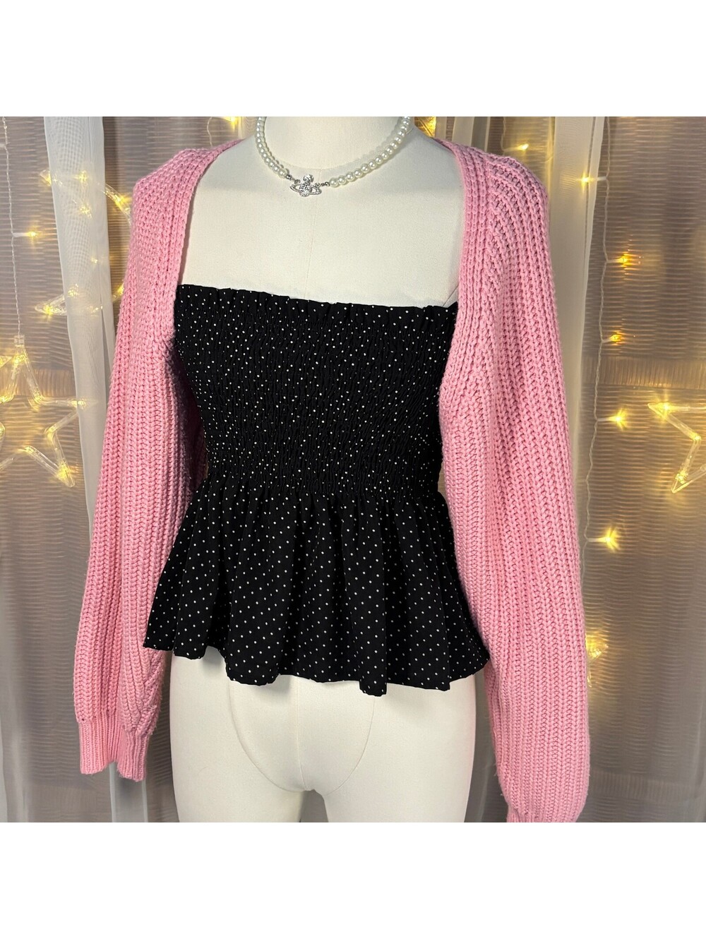 Pink Chunky Knit Bolero Shrug Cardigan Cropped Balloon Sleeve S Ballet Kawaii